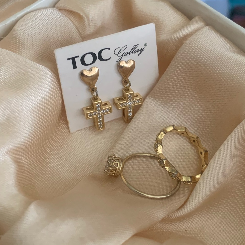 Dainty Mini Cross Heart Dangly Stud Earrings gold Bedazzled/Diamonds/Rhinestone